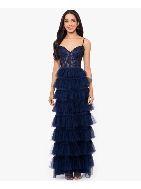 BLONDIE NITES Womens Navy Mesh Zippered Lined Boned Corset Bodice Tiered Skirt Spaghetti Strap V Neck Full-Length Prom Fit + Flare Dress Fashion