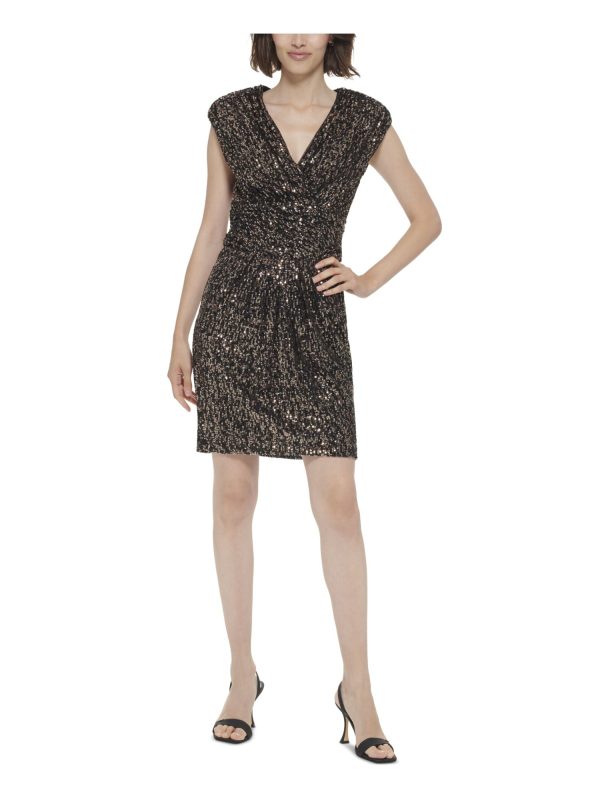 CALVIN KLEIN Womens Black Pleated Zippered Lined Cap Sleeve Surplice Neckline Above The Knee Party Sheath Dress Online