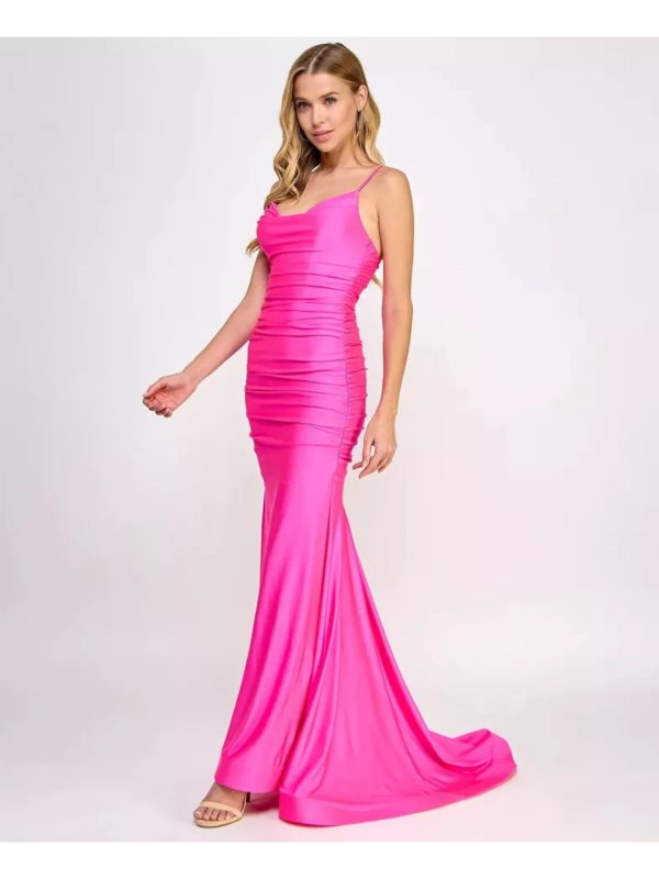 B DARLIN Womens Pink Zippered Fitted Shirred Small Train Spaghetti Strap Cowl Neck Full-Length Prom Gown Dress on Sale