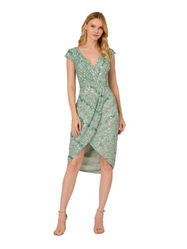 ADRIANNA PAPELL Womens Green Mesh Embellished Zippered Lined Cap Sleeve Surplice Neckline Midi Party Faux Wrap Dress on Sale