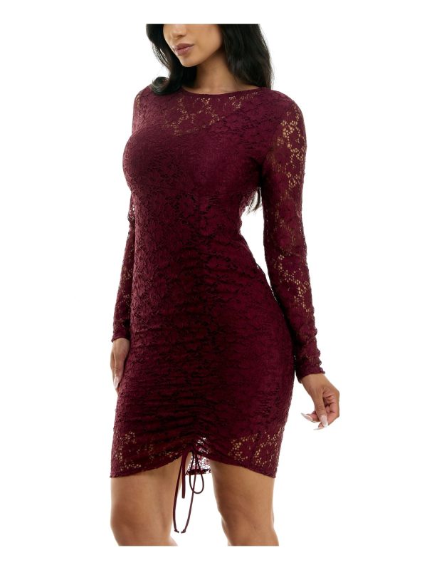 BEBE Womens Burgundy Ruched Tie Lined Pullover Long Sleeve Round Neck Above The Knee Party Body Con Dress Online