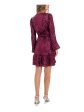 BETSY & ADAM Womens Burgundy Belted Lined Flounce Hem Pullover Blouson Sleeve Surplice Neckline Short Cocktail Fit + Flare Dress For Cheap