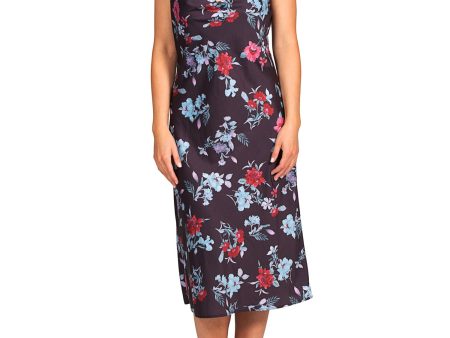 HIPPIE ROSE Womens Purple Stretch Floral Spaghetti Strap Cowl Neck Below The Knee Sheath Dress on Sale