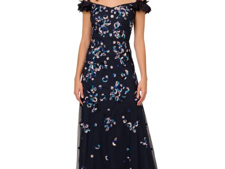 ADRIANNA PAPELL Womens Navy Zippered Lined Petal Trim Sleeve Off Shoulder Full-Length Formal Gown Dress Hot on Sale