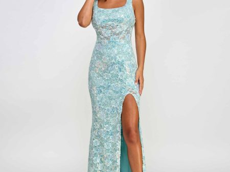 CITY STUDIO Womens Aqua Zippered Slitted Sheer Corset Boned Midriff Lined Sleeveless Square Neck Full-Length Prom Gown Dress Fashion