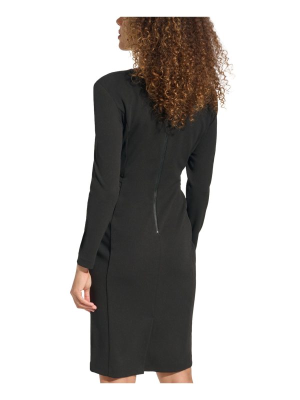 CALVIN KLEIN Womens Black Pleated Zippered Back Split Hem Long Sleeve V Neck Knee Length Party Sheath Dress Online Sale