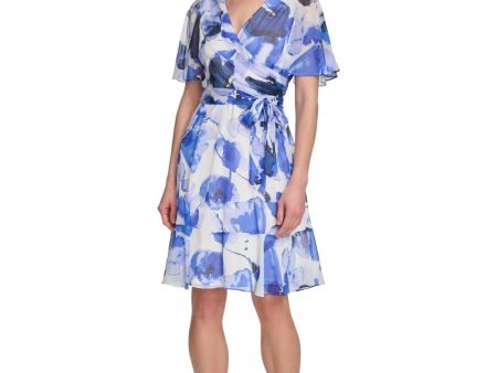 DKNY Womens White Pleated Zippered Tie-belt Lined Printed Flutter Sleeve Surplice Neckline Knee Length Wear To Work Fit + Flare Dress Online now