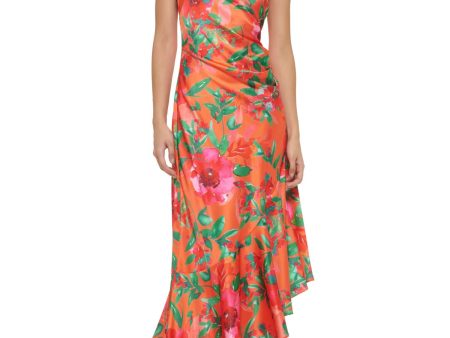 ELIZA J Womens Orange Ruched Zippered Asymmetric Flounce Hem Lined Floral Sleeveless Asymmetrical Neckline Full-Length Party Sheath Dress Cheap