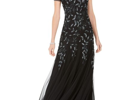 ADRIANNA PAPELL Womens Black Zippered Embellished Lined Sheer Godet Panels Floral Short Sleeve Crew Neck Full-Length Evening Gown Dress For Cheap