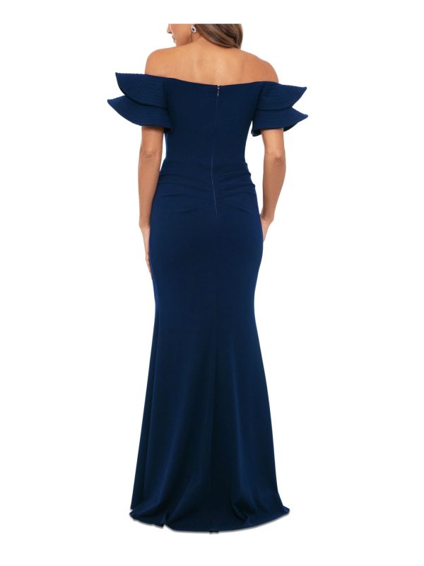 XSCAPE Womens Navy Pleated Zippered Tiered Ruffle Sleeves Lined Off Shoulder Full-Length Evening Sheath Dress Sale