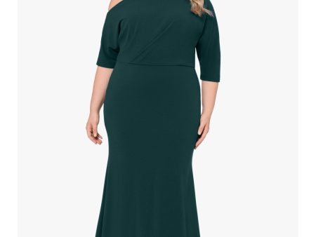 BETSY & ADAM Womens Green Zippered Lined Gathered Elbow Sleeve Asymmetrical Neckline Full-Length Evening Gown Dress Discount