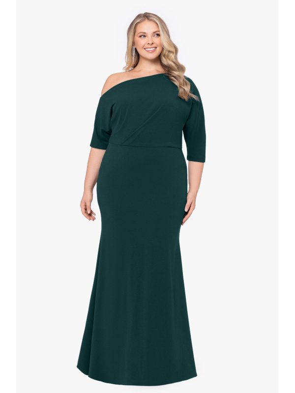 BETSY & ADAM Womens Green Zippered Lined Gathered Elbow Sleeve Asymmetrical Neckline Full-Length Evening Gown Dress Discount