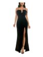 EMERALD SUNDAE Womens Black Zippered Slitted Feather Trim Shirred Spaghetti Strap V Neck Full-Length Formal Mermaid Dress on Sale