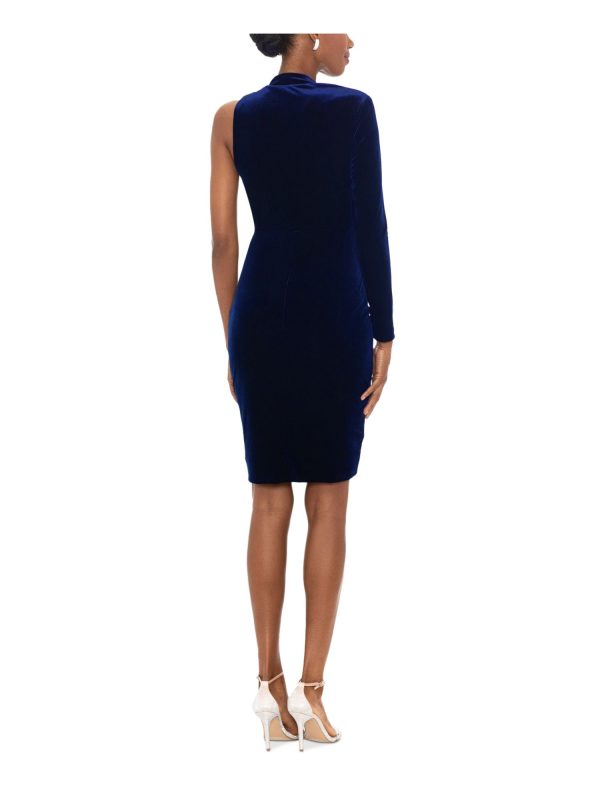 BETSY & ADAM Womens Navy Pleated Zippered Lined Long Sleeve Asymmetrical Neckline Above The Knee Party Sheath Dress Online