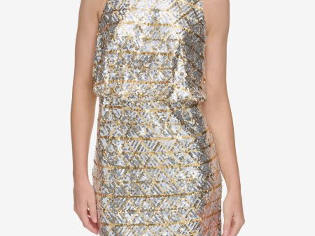 ELIZA J Womens Beige Zippered Sequined Lined Sleeveless Halter Above The Knee Cocktail Blouson Dress Sale