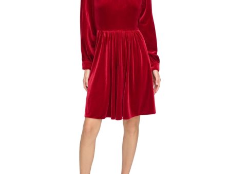 CALVIN KLEIN Womens Red Gathered Zippered Lined Cuffed Sleeve Mock Neck Above The Knee Party Fit + Flare Dress For Cheap