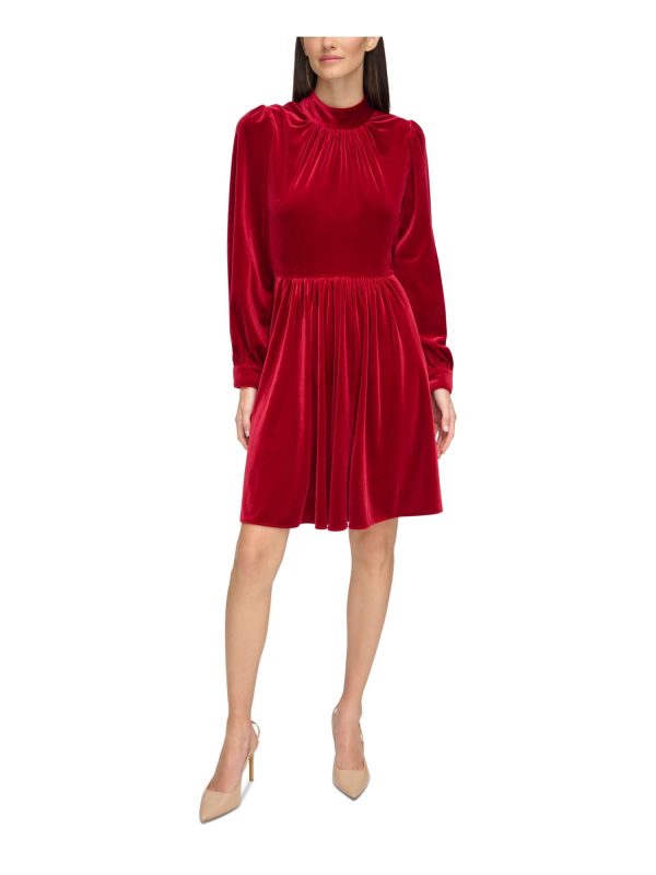 CALVIN KLEIN Womens Red Gathered Zippered Lined Cuffed Sleeve Mock Neck Above The Knee Party Fit + Flare Dress For Cheap