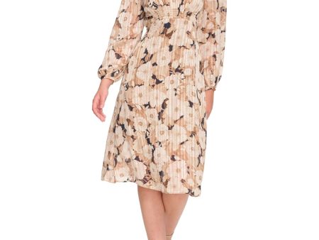 TOMMY HILFIGER Womens Beige Zippered Lined Smocked Front Waist Floral Blouson Sleeve V Neck Below The Knee Wear To Work Fit + Flare Dress For Cheap