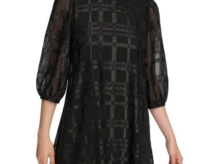 CALVIN KLEIN Womens Black Lined Keyhole Back Pullover 3 4 Sleeve Round Neck Short Party Shift Dress Hot on Sale