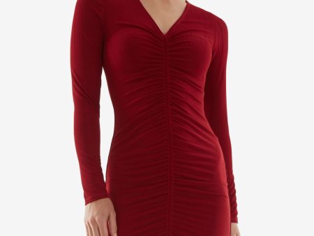 BCX DRESS Womens Red Ribbed Tie Adjustable Ruching Center Front Long Sleeve V Neck Short Party Body Con Dress Online now