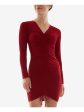 BCX DRESS Womens Red Ribbed Tie Adjustable Ruching Center Front Long Sleeve V Neck Short Party Body Con Dress Online now