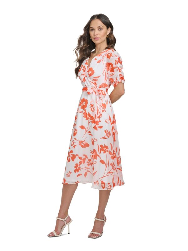 DKNY Womens White Zippered Lined Belted Sheer Floral Elbow Sleeve Surplice Neckline Midi Faux Wrap Dress Fashion