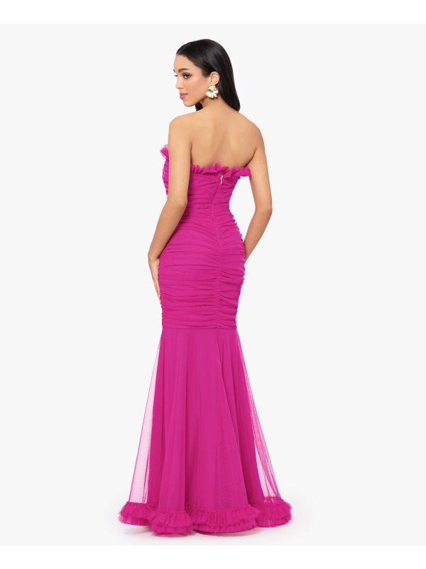 BLONDIE NITES Womens Pink Mesh Ruched Zippered Ruffled High-slit Lined Sleeveless Strapless Full-Length Prom Mermaid Dress Online Sale