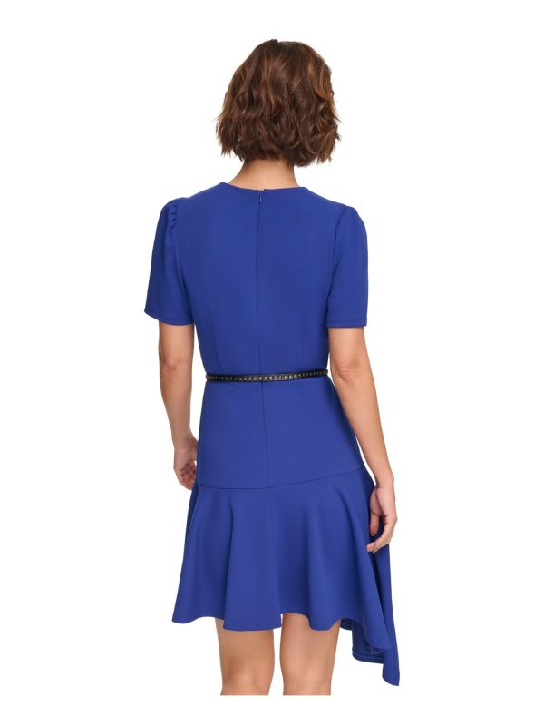 DKNY Womens Blue Zippered Belted Ruffled Asymmetric Hem Short Sleeve Round Neck Below The Knee Party Sheath Dress Online