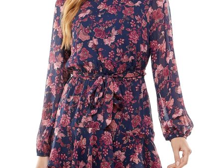 CITY STUDIO Womens Navy Ruffled Lined Keyhole Back Self-tie Belt Floral Blouson Sleeve Crew Neck Short Party Fit + Flare Dress For Cheap