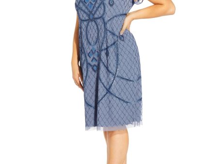 ADRIANNA PAPELL Womens Blue Embellished Zippered Lined Cut Out Back Darted Short Sleeve Sweetheart Neckline Knee Length Evening Sheath Dress Discount