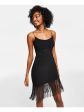 B DARLIN Womens Black Lined Asymmetrical Fringed Hem Spaghetti Strap Scoop Neck Above The Knee Party Body Con Dress Online Sale