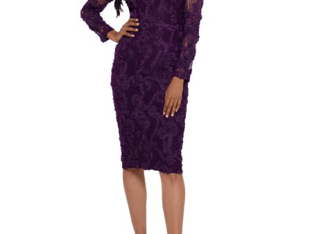 XSCAPE Womens Textured Long Sleeve Jewel Neck Knee Length Party Sheath Dress Online Sale