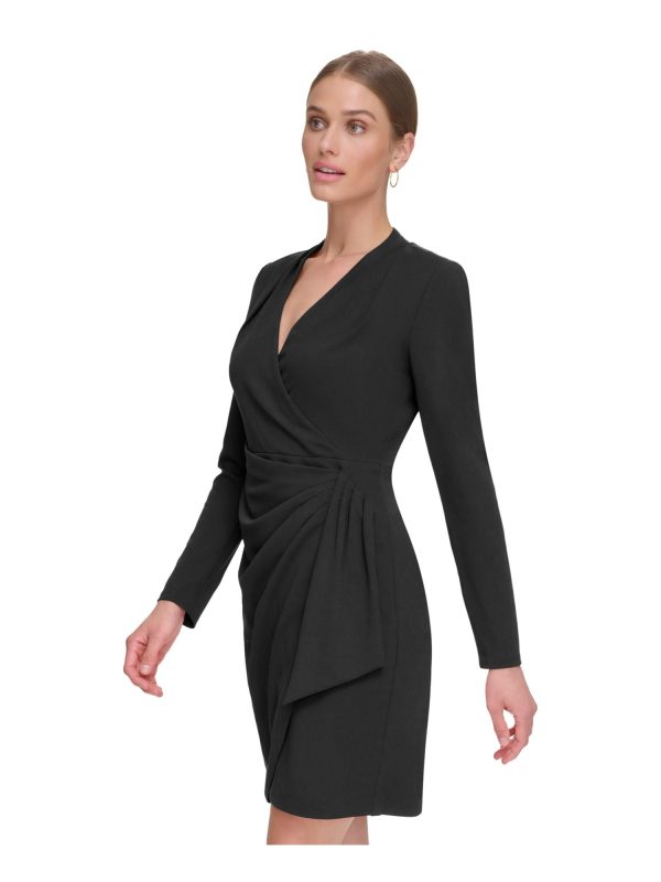 DKNY Womens Black Zippered Pleated Draped Skirt Long Sleeve Surplice Neckline Above The Knee Cocktail Faux Wrap Dress For Discount