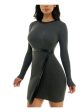 BCX DRESS Womens Gray Knit Ribbed Keyhole Back Faux-wrap Skirt Long Sleeve Round Neck Short Party Body Con Dress Hot on Sale