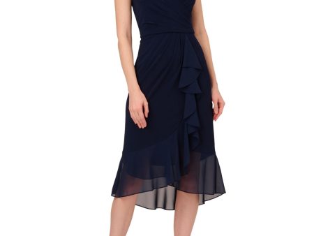 ADRIANNA PAPELL Womens Navy Pleated Zippered Cascading Ruffle Hi-lo Hem Lined Cap Sleeve Sweetheart Neckline Midi Wear To Work Sheath Dress Discount