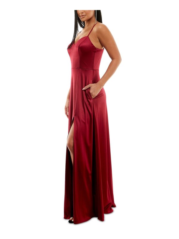 CITY STUDIO Womens Burgundy Slitted Spaghetti Strap Full-Length Formal Fit + Flare Dress Hot on Sale