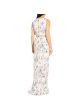 AIDAN MATTOX Womens Beige Textured Zippered Tie Waist Column Lined Floral Sleeveless Jewel Neck Full-Length Party Gown Dress Fashion