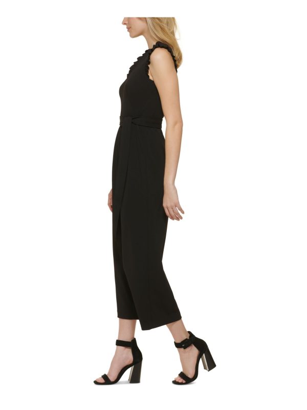 CALVIN KLEIN Womens Black Zippered Pocketed Ruffled Belted Wide Legg Cap Sleeve V Neck Party Cropped Jumpsuit Online Sale