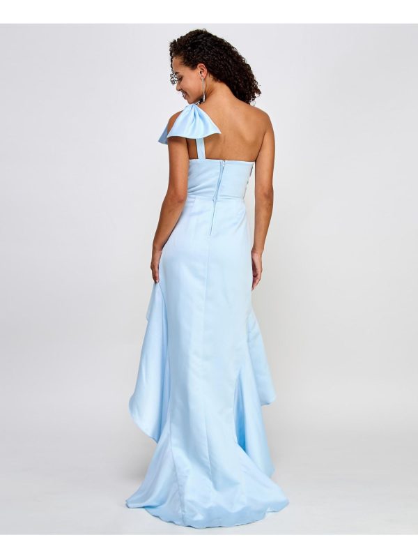 CITY STUDIO Womens Light Blue Pleated Zippered Bow Detail Asymmetric Hi-lo Hem Sleeveless Asymmetrical Neckline Full-Length Prom Gown Dress Online Hot Sale