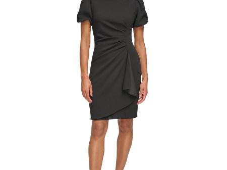 DKNY Womens Black Zippered Ruched Draped Skirt Pouf Sleeve Boat Neck Above The Knee Wear To Work Sheath Dress For Sale