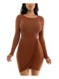 BCX DRESS Womens Brown Stretch Ribbed Tulip Hem Pull On Long Sleeve Round Neck Short Body Con Dress Discount