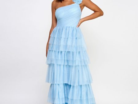 CITY STUDIO Womens Light Blue Pleated Zippered Lined Poof Accent Sleeveless Asymmetrical Neckline Full-Length Formal Gown Dress Sale