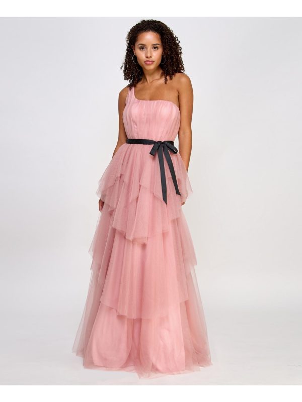 CITY STUDIO Womens Pink Zippered Ruffled Lined Belted Sleeveless Asymmetrical Neckline Full-Length Formal Gown Dress For Discount