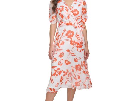 DKNY Womens White Zippered Lined Belted Sheer Floral Elbow Sleeve Surplice Neckline Midi Faux Wrap Dress Fashion