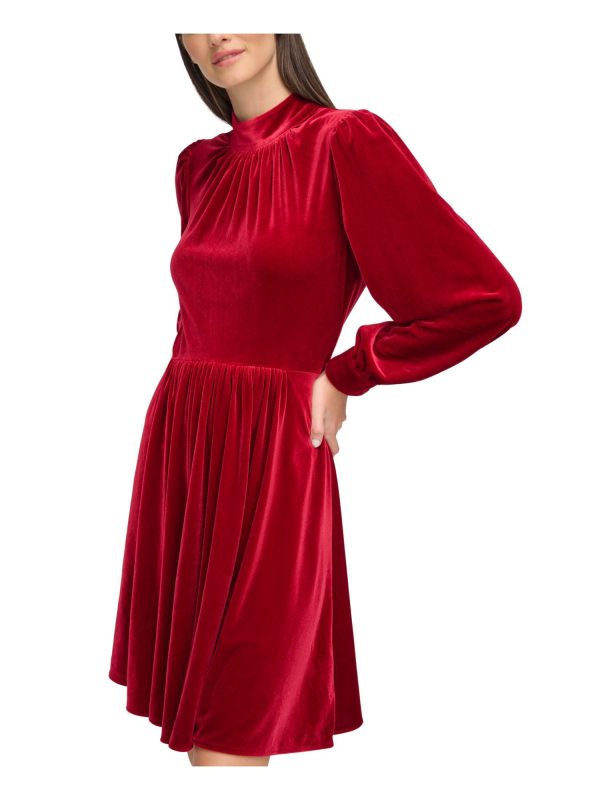 CALVIN KLEIN Womens Red Gathered Zippered Lined Cuffed Sleeve Mock Neck Above The Knee Party Fit + Flare Dress For Cheap