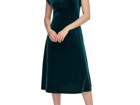 CALVIN KLEIN Womens Green Gathered High Neck Cowl Back Cap Sleeve Midi Evening Fit + Flare Dress Cheap