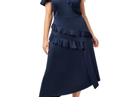 ADRIANNA PAPELL Womens Navy Ruffled Zippered Asymmetrical Hem Lined Flutter Sleeve V Neck Maxi Party Fit + Flare Dress For Sale