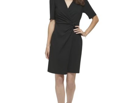 DKNY Womens Black Twist Front Zippered Short Sleeve Surplice Neckline Above The Knee Wear To Work Faux Wrap Dress Supply