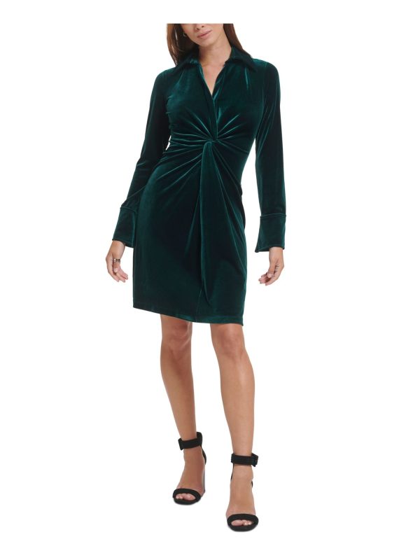 CALVIN KLEIN Womens Green Cuffed Sleeve V Neck Above The Knee Party Sheath Dress Online now