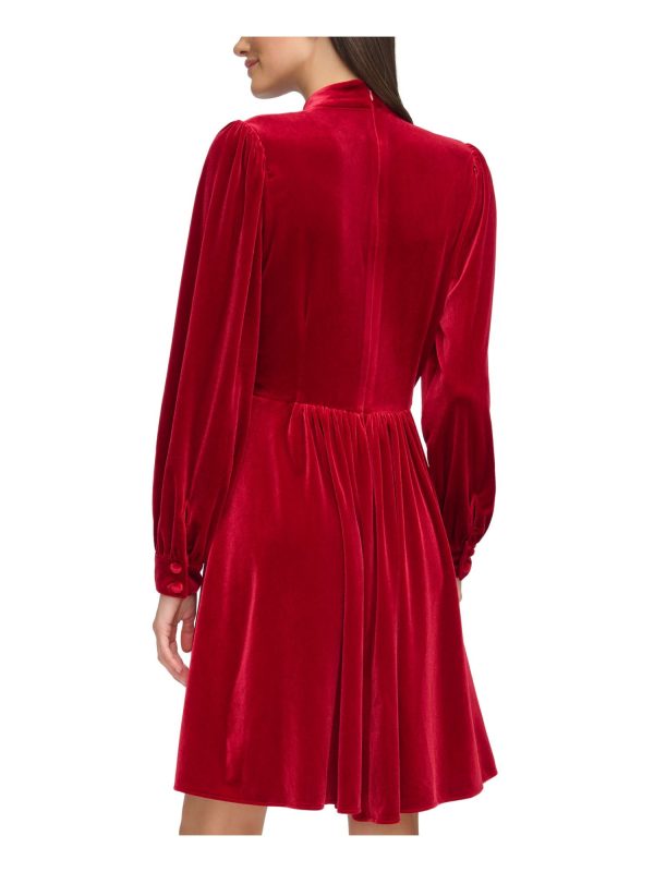 CALVIN KLEIN Womens Red Gathered Zippered Lined Cuffed Sleeve Mock Neck Above The Knee Party Fit + Flare Dress For Cheap